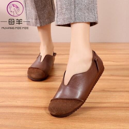 MUYANG Genuine Leather Retro Patchwork Flat Shoes Woman Soft Comfortable Casual Loafers Women Flats Shoes Ladies Shoes