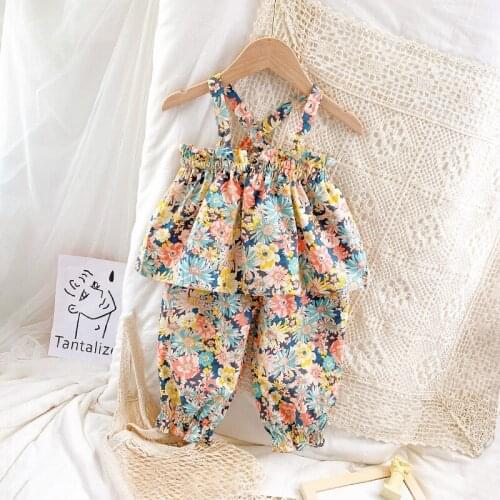 Cute Korean Little Girls Outfits Set Summer Flower Vest&shorts 2 Pieces Fashion Toddler Children Clothing Beach Kids Clothes