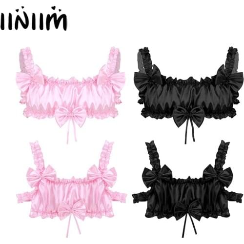 Mens Male Sissy Lingerie Exotic Tanks Smooth Satin Ruffled Frilly Elastic Straps Crop Top Bowknots Backless Wire-free Bra Top