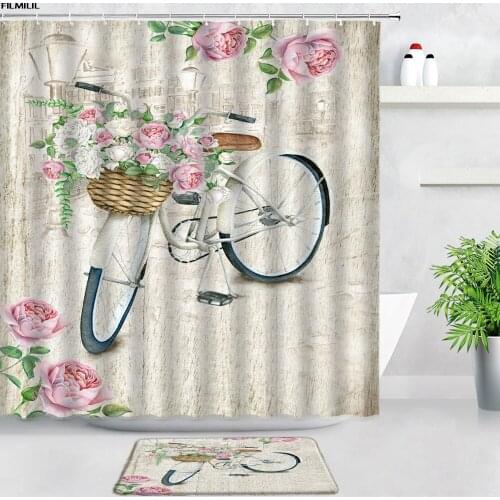 Retro Bicycle Floral Shower Curtains Set Bathroom Carpet Pink Rose Watercolor Flowers Home Decor Non-slip Rug Bath Mats Door Pad