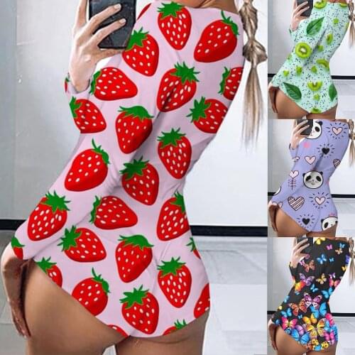 New Women Strawberry butterfly Print Bodysuit Sexy Body Long Sleeve Nightwear Party Beach Swimsuit Romper Valentine lingerie