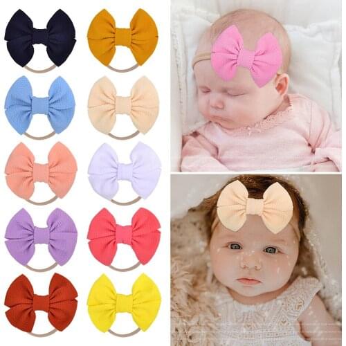 Bulk Wholesale Price 120pc/lot 4" Solid Waffle Fabric Hair Bow Headbands,Kids Waffle Bows Elastic Nylon Headband Girls Headwear