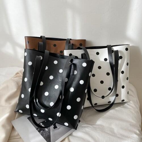 Casual Polka Dot Shoulder Bag Women Vintage PU Leather Handbags Portable Female Street Travel Large Capacity School Satchel