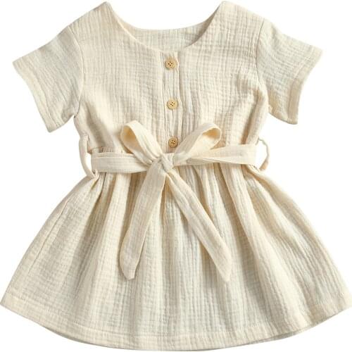 Toddler Baby Girl’s Casual Short-sleeved Dress with Belt Solid Button High Waist A-line Dress 0-4Years