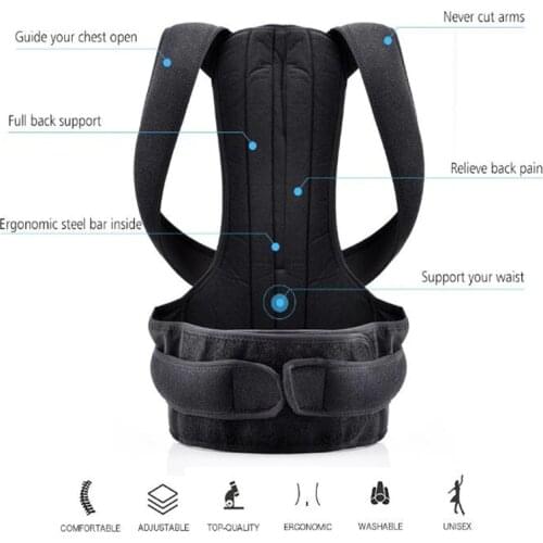 Adjustable Black Back Posture Corrector Shoulder Lumbar Spine Brace Support Belt Health Care for Men Women Unisex