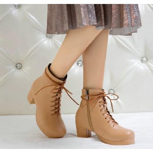 Sianie Tianie Lace-Up Chunky Middle Heels Side Zipper Plain Winter Autumn Woman Shoes Big Size 45 46 48 Martin Ankle Boots Women