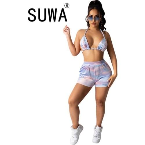 Tie Dyeing Print Summer Bikini Sets Halter Neck Backless Bra Top and High Waist Beach Shorts Sexy Swimwear Two Piece Club Outfit