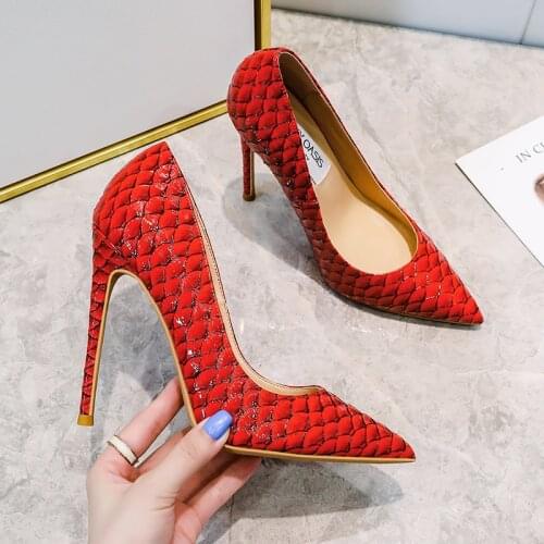 2021 New Fashion Woman Snakeskin Leather Pumps Big Size 33-45 Thin High Heels Red Sliver Pointed Toe Sexy Wedding Shoes