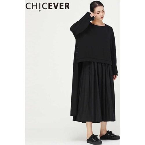 CHICEVER Patchwork Hit Color Two Piece Set Women O Neck Long Sleeve Asymmetric Shirt Midi Pleated Skirt Sets Female 2020 Fashion