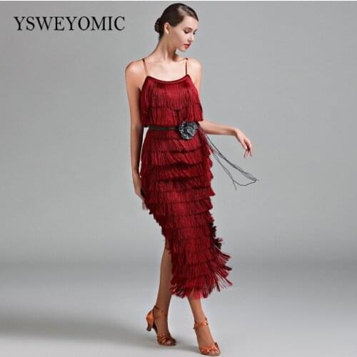 2019 Ladies Latin Dress On Sale Red Green Yellow Flowing Tassel Latin Dress Girls Competition Dance Dress For Girls 1707