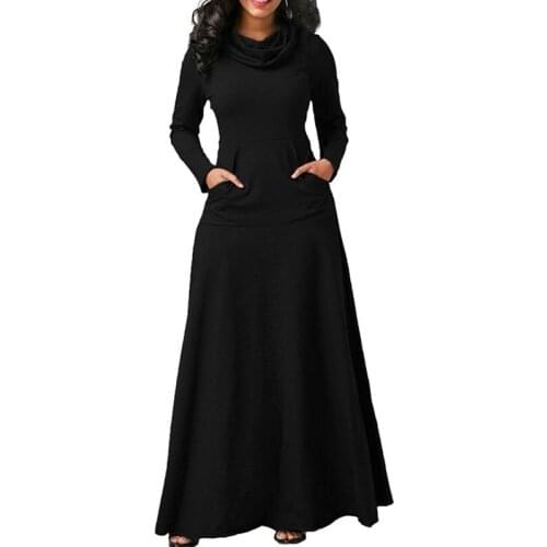 Women Maxi Dress With Pocket Casual Solid Long Sleeve Vintage Long Dress Bow Neck Elegant Warm Long Dress Robe Female Vestidos