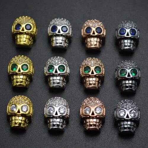 10x12mm Paved Real CZ Metal Skull Charm Spacer Loose Beads Jewelry Findings