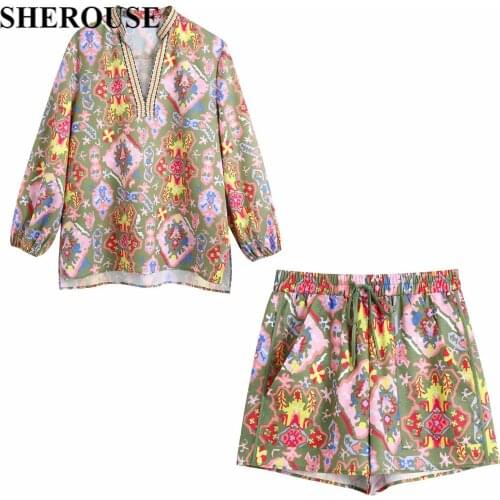 2021 Two Piece Set Woman Fashion Side Slit V-Neck Shirt Vintage High-Waist Shorts Chic Lady Women Outfit Shorts Sets 2 piece set