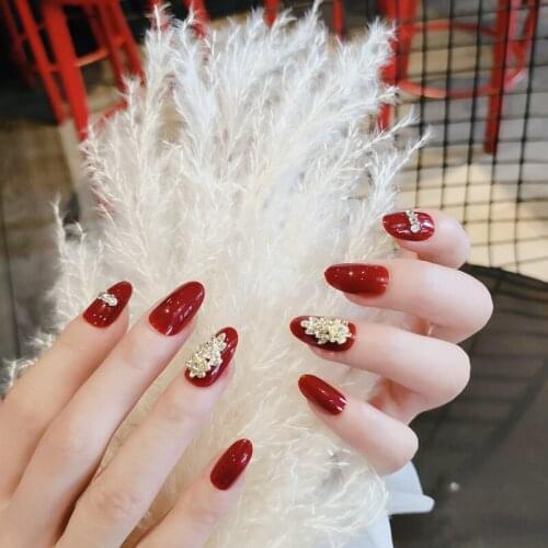 24pcs Red Wine Nail Patch Glue Type Removable Long Paragraph Fashion Manicure Save Time False Nail Patch Red Wine Nail Patch