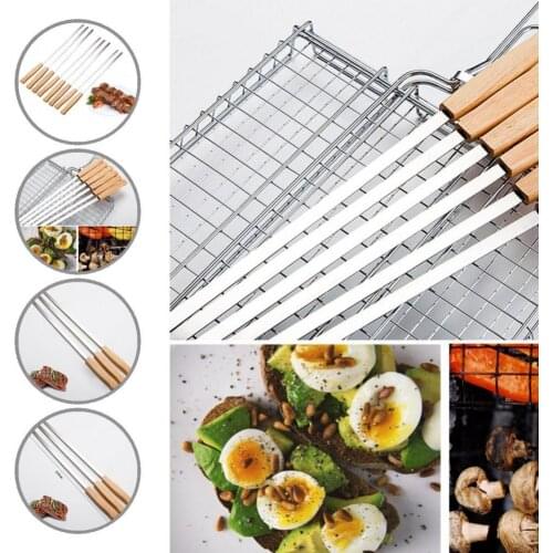 Stainless Steel 8Pcs Durable Long Lasting Rust-Proof Grill Skewer 2cm Wide Kabob Holder with Wood Handle for Kitchen