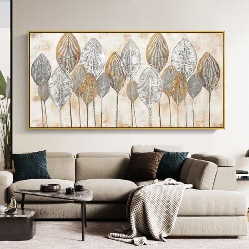 Abstract Golden Leaves Wall Art Oil Painting Printed on Canvas Big Size Decorative Pictures for Living Bedroom Home Decoration