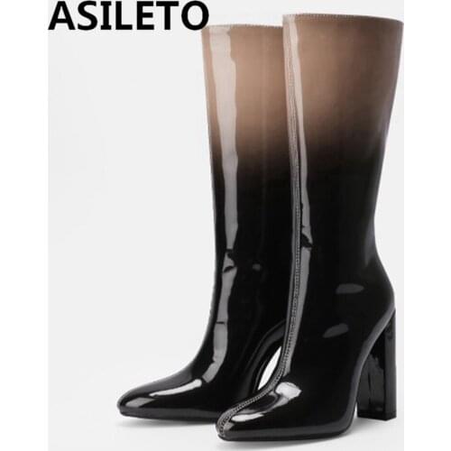 ASILETO Women Luxury Brand Mixed Color Modern Knee High Boots Patent Leather Pull On Round Toe Block Heel Winter Ladies S2459