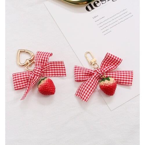 1PC Lovely Ribbon Strawberry Keychain Keyring For Women Girl Jewelry Simulated Fruit Bowknot Cute Bag Car Key Holder Keyring K37