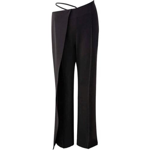 [DEAT] Black Slim Irregular High Waist Trousers Strap Drop Feeling Floor Pulling Split Straight Pants 2021 Summer GX1214