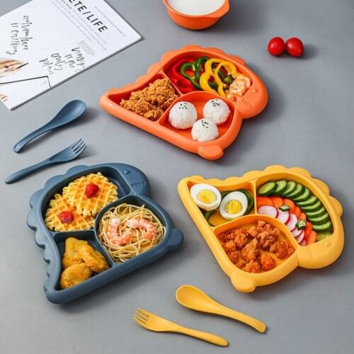 Baby Bowl+spoon+fork+plate Feeding Food Tableware Cartoon Dinosaur Divider Dishes Child Toddler Feed Training Eating Dinnerware