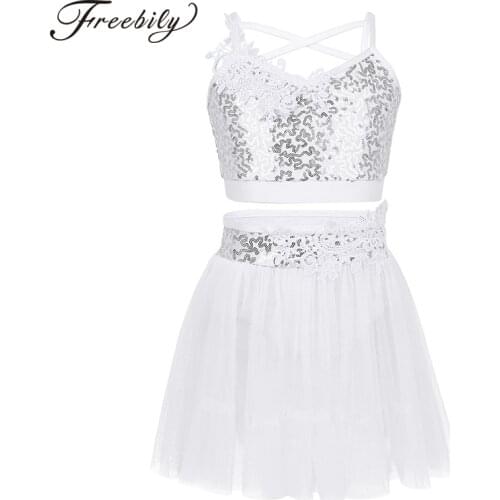 Kids Girls Figure Skating Dress Lyrical Dance Costumes Shoulder Straps Sequined Crop Top with Tulle Tutu Ballet Skirt Set