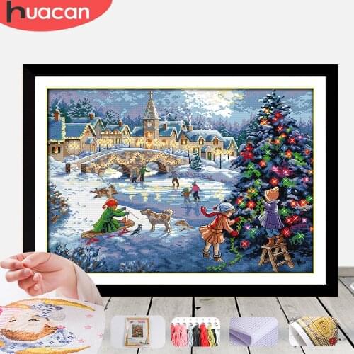 HUACAN Christmas Scenery Embroidery Needlework Sets For Full Kits White Canvas DIY Cross Stitch Bird Gift Home Decor 14CT