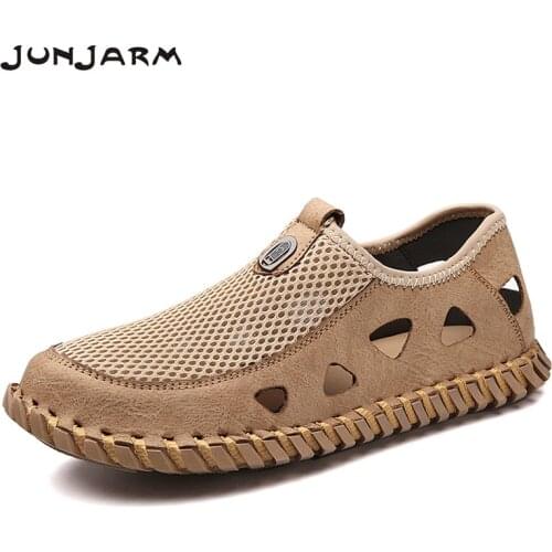 JUNJARM New Summer Men Casual Shoes Fashion Soft Leather Comfortable Lightweight Men Loafers Mesh Flats Outdoor Plus Size38-46