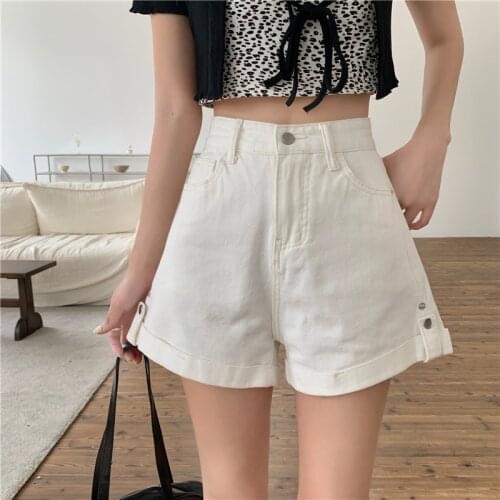 Buttons Summer Denim Shorts Women High Waist Wide Leg Short Pants Loose Korean Streetwear Crimping Pockets Jeans Shorts