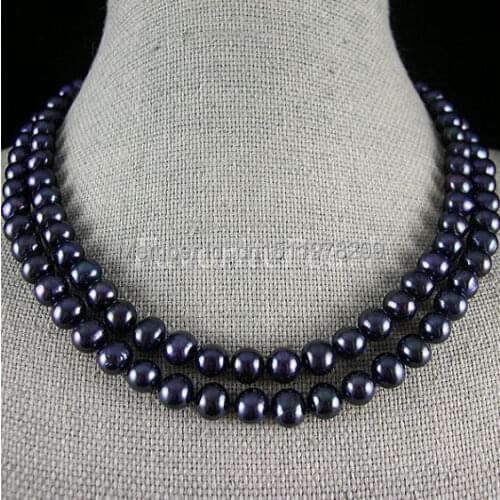 Black Pearl Necklace - Good Quality Double Rows 17 Inches And 19 Inches 8-9mm Natural Freshwater Pearl Necklace - Free Shipping