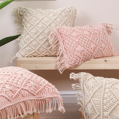 Hand-woven Pink Cotton Thread Cushion Cover with Tassels Beige Geometric Bohemia Ethnic Pillow Cover 45x45cm Home Decoration