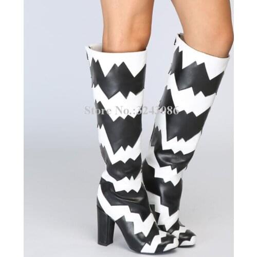 New Black White Leather Mixed Color Chunky Heel Long Boots Women Sexy Round Toe Thick Heel Back Zipper Near Knee High Boots Lady