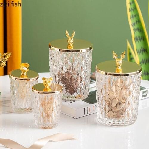 Glass Candy Jar Clear Glass Jar Animal Head Metal Decoration Cover Cotton Swab Box Jewelry Box Decor Storage Tank Organize Box