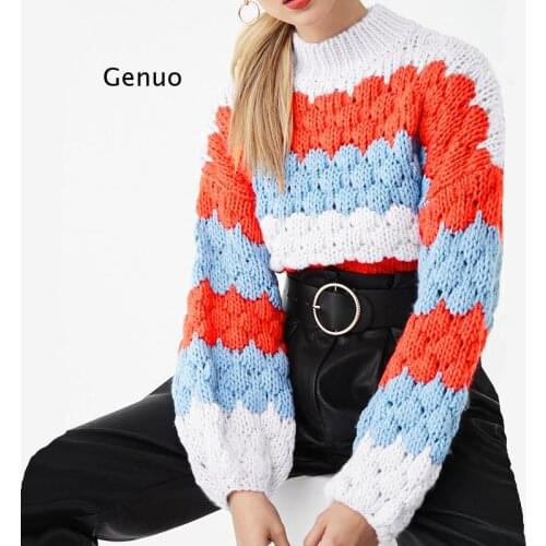 Hand-Knit Warm Sweaters 2019 Winter Green Stripes Loose Lantern Long Sleeve Sweater Thick Sweaters Pullover for Women