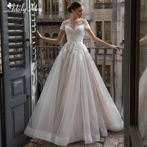 Adoly Mey Romantic Scoop Neck Sparkly Tulle A-Line Wedding Dress 2020 Graceful Pleated Appliques Brush Train Vintage Bridal Gown