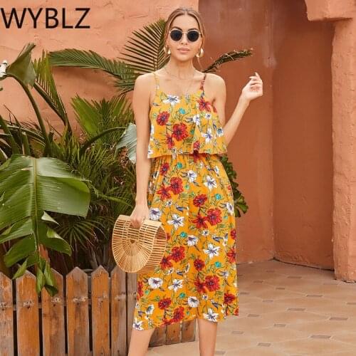 WYBLZ 2021 Summer Women Midi Dress Casual Beach Boho Sleeveless Strap Floral Print Party Maxi Dresses Elegant Holiday Sundress