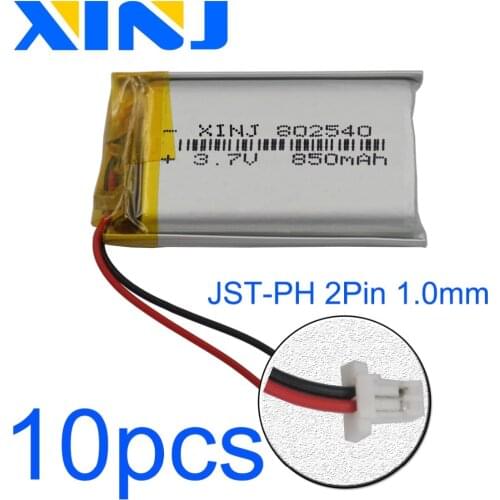XINJ 10pcs 3.7V 850mAh 2pin JST 1.0mm plug Li lithium polymer battery lipo cell 802540 For Camera PDA navigation GPS bluetooth