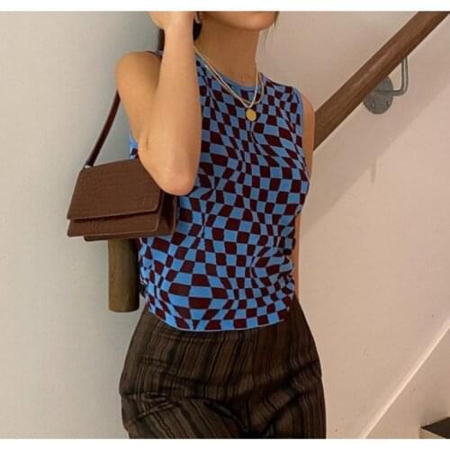 Y2K Tops Women 2021 Sleeveless Short Vest Vintage Crop Top Casual Corset Plaid Vest Knitted Streetwear Womens Tank Tops