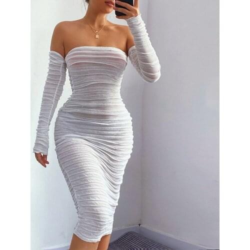 Yimunancy Off Shoulder Dress Women Long Sleeve Bodycon Dress 2021 Autumn Ladies Party Knee Length Dress Vestidos Robes