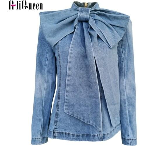 New Autumn Women Runway Jeans Coat Tops Big Bow Stand Collar Denim Jacket Back Zipper Vintage Jackets Streetwear Button Outwear