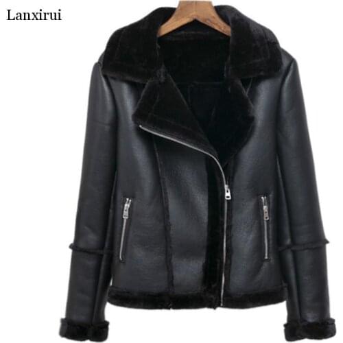 Lanxirui PU Leather Jacket Women Slim Fit Long Sleeves Warm Wool Lining Coat Outwear Turn-down Jacket Leather Streetwear