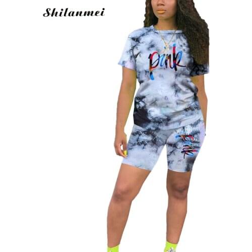 Plus Size Women Casual Sets Tie Dye Shorts Sets Summer Bikes Matching Casual Pink Letter Print Women Two Piece Set 2pcs Outfits