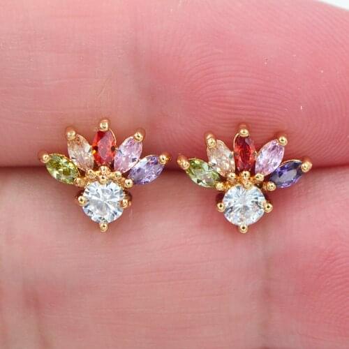Fashion Jewelry Gold Color Rainbow Zircon Lovely Colorful CZ Fairy Tail Stud Earrings for Women