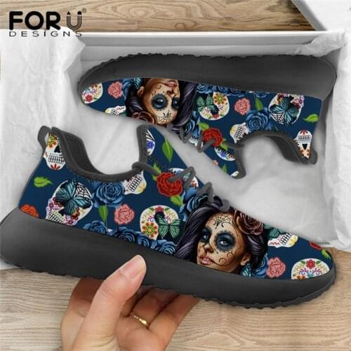 FORUDESIGNS Women Lace-Up Mesh Sneaker Gothic Style Girls with Blue Sugar Skull Pattern Shoes Female Spring/Autumn Leisure Shoe