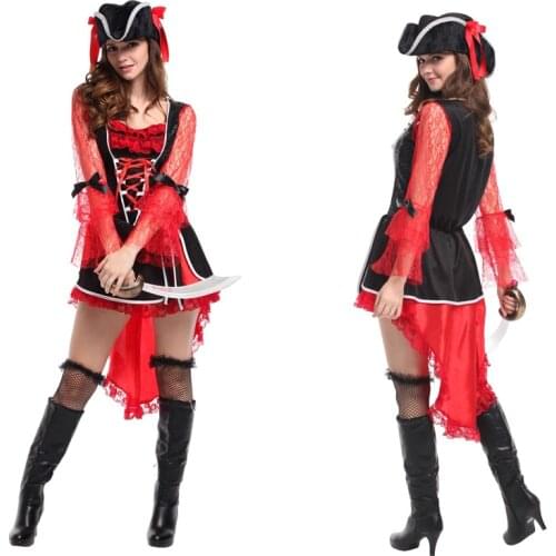 Female Women Pirates Captain Costume Halloween Role Playing Cosplay Suits Headwear Fancy Adult Christmas Dress