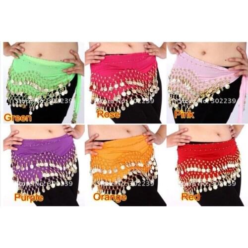 100pcs high quality chiffon Egypt belly dance fitness costume wear hip wraps 128 coins belt chain +2pcs for free gifts new year