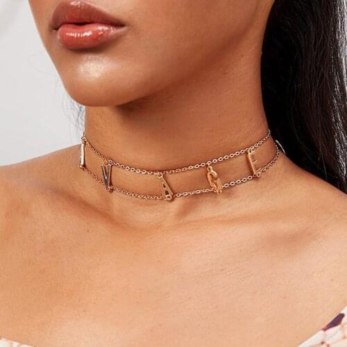 1 Pcs Women Necklace Bohemian Retro Letter Double Gold Chain Clavicle Chain Beach Fashion Party Jewelry(Length: 32 cm