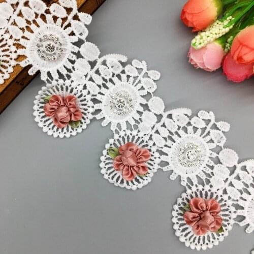 1 yard White 3D Cotton Rose Flower Embroidered Lace Trim Ribbon Fabric Sewing Supplies Craft Decor DIY Handmade Wedding Applique