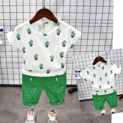 2021 2pcs Summer Baby Boy Children Causal Cartoon Printing Suit Tops + Short Boys Clothes Kids Clothes sets 2-7