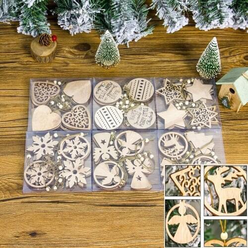 6/12pcs Wooden Hanging Pendant Christmas Ornament DIY Xmas Tree Bell Snowflake Christmas Decor For Home Party New Year Navidad