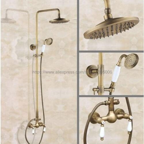 Antique Brass Shower Faucet Set 8 Inch Shower Head Hand Shower Sprayer W/ Hand Shower Wall Mounted Mixer Tap Ban118